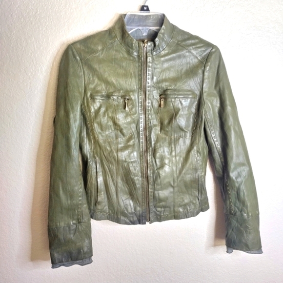 american modern alexander julian buttery soft green leather moto jacket sz S - Picture 1 of 13